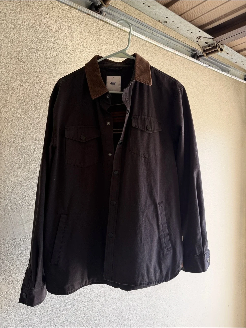 Katin Dark Brown Button-Front Jacket with Tan Collar